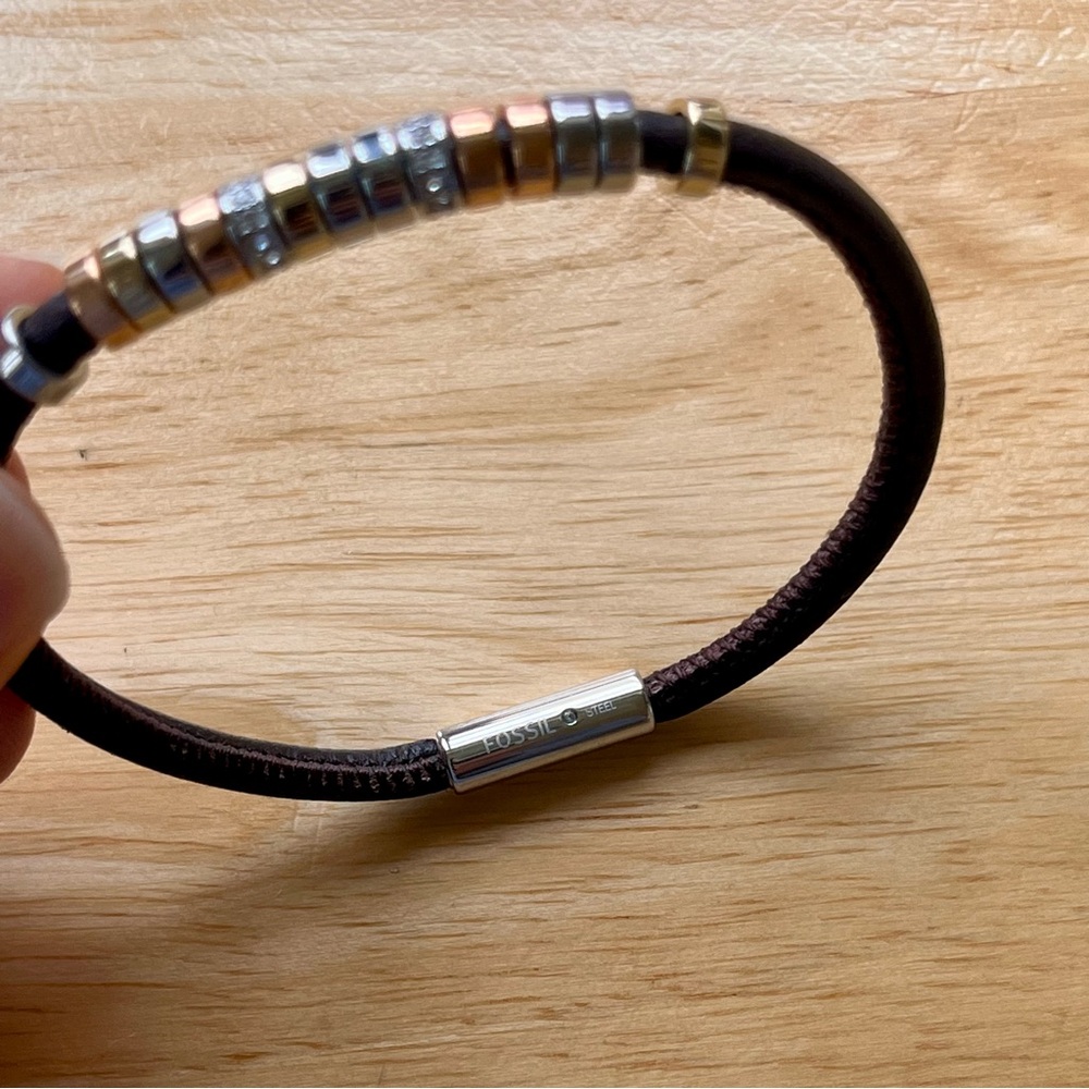 Fossil Mixed Metals Leather Magnetic Clasp Bracelet - Picture 2 of 4